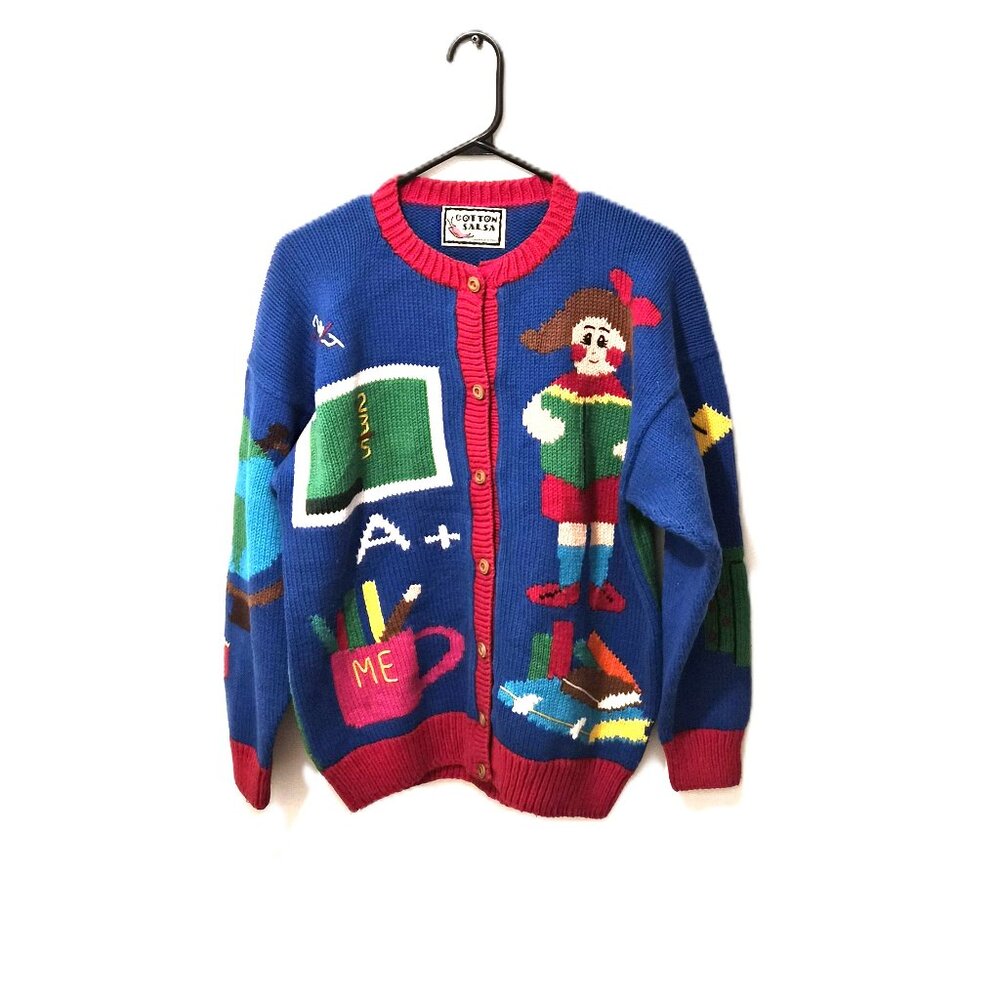 VTG Cotton Salsa Peruvian Knit Cardigan Academia Novelty Whimsical 3D Storybook